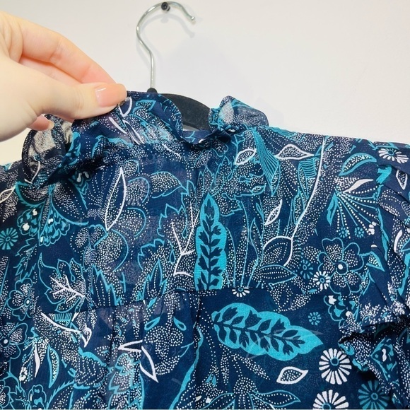 Anthropologie Sheer Floral Long Balloon Sleeve Lace Up Blue Peasant Blouse Top - Picture 9 of 11